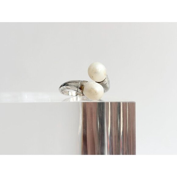 Wrap Around Bypass Shank Dual Faux Pearl Vintage Sterling Silver Ring - sz 9.5 - Picture 10 of 10